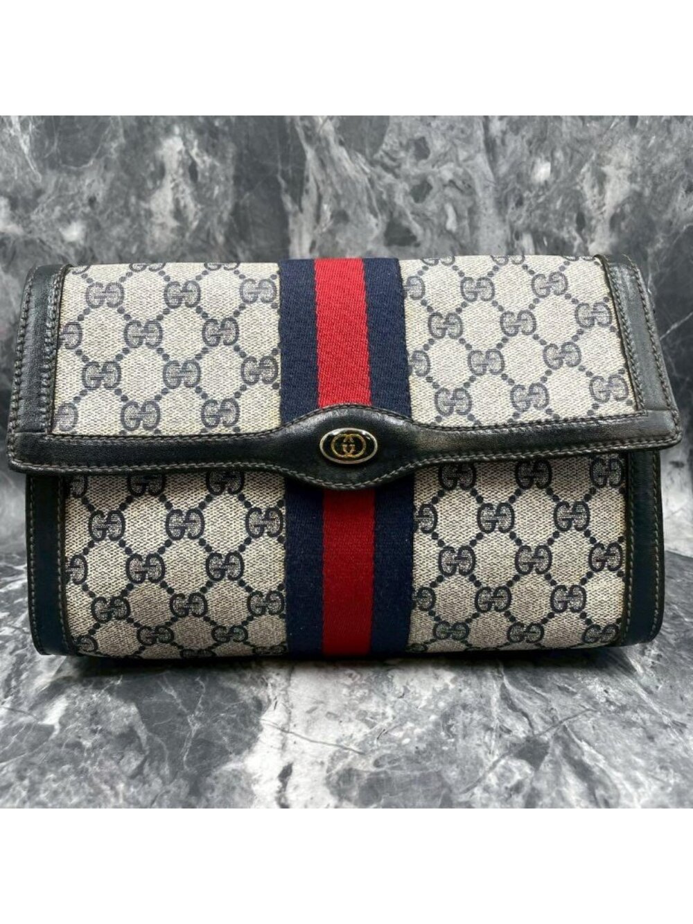 ★SOLD★ Gucci GG Sherry Line Clutch Navy Logo Leather - Picture 2 of 10